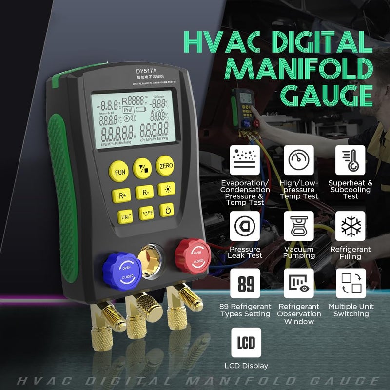 KAISAL HVAC Gauges Digital Manifold Gauge Set Dual Pressure&Temp Test 89 Refrigerant Gauges R22 R134A R410A Refrigerant Recharge Kit HVAC Manifold Vacuum AC Gauge with Hoses for Air Conditioning/Refrigerator - Image 2